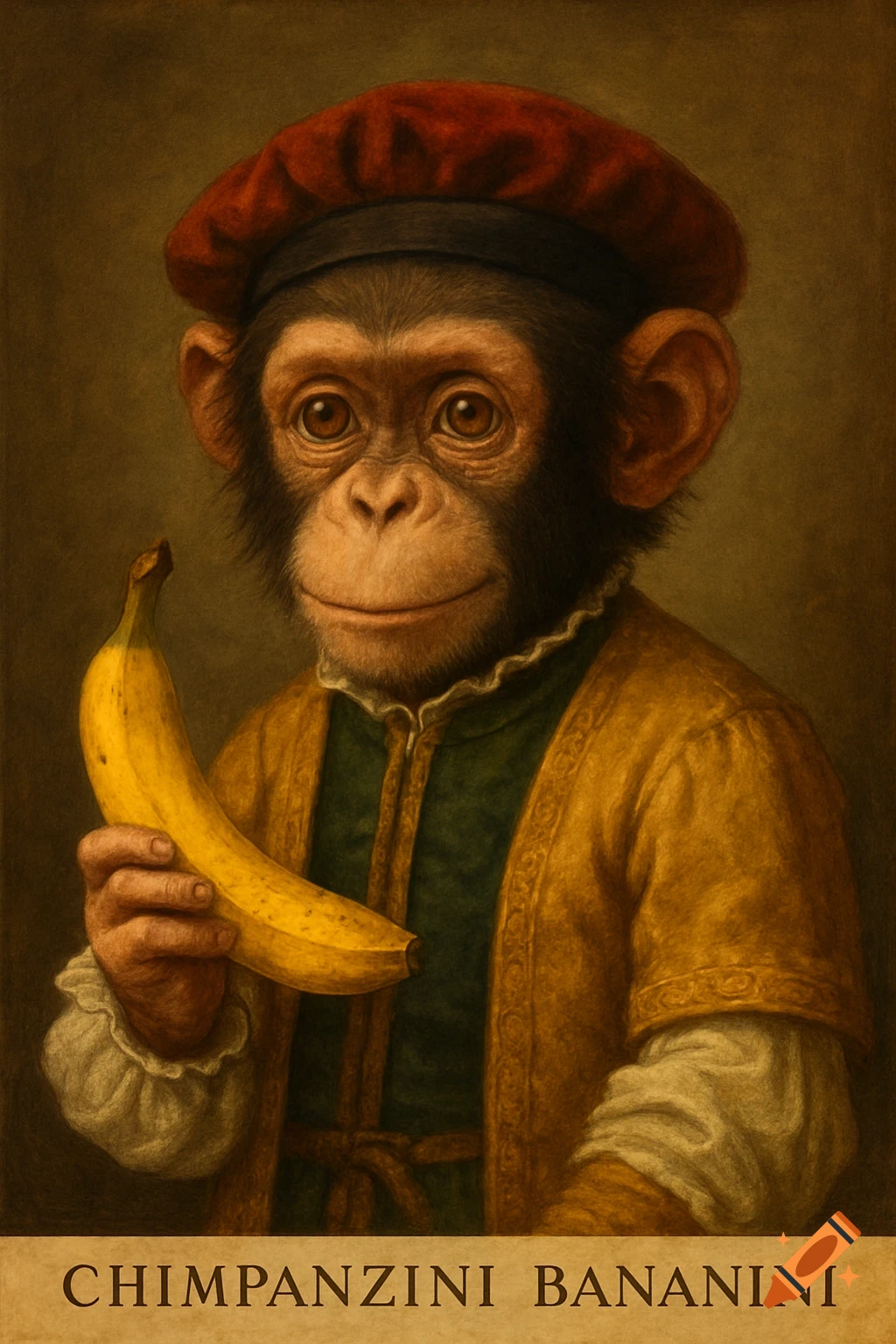 Renaissance portrait of a chimpanzee in a red hat and gold coat holding a banana, with text below.