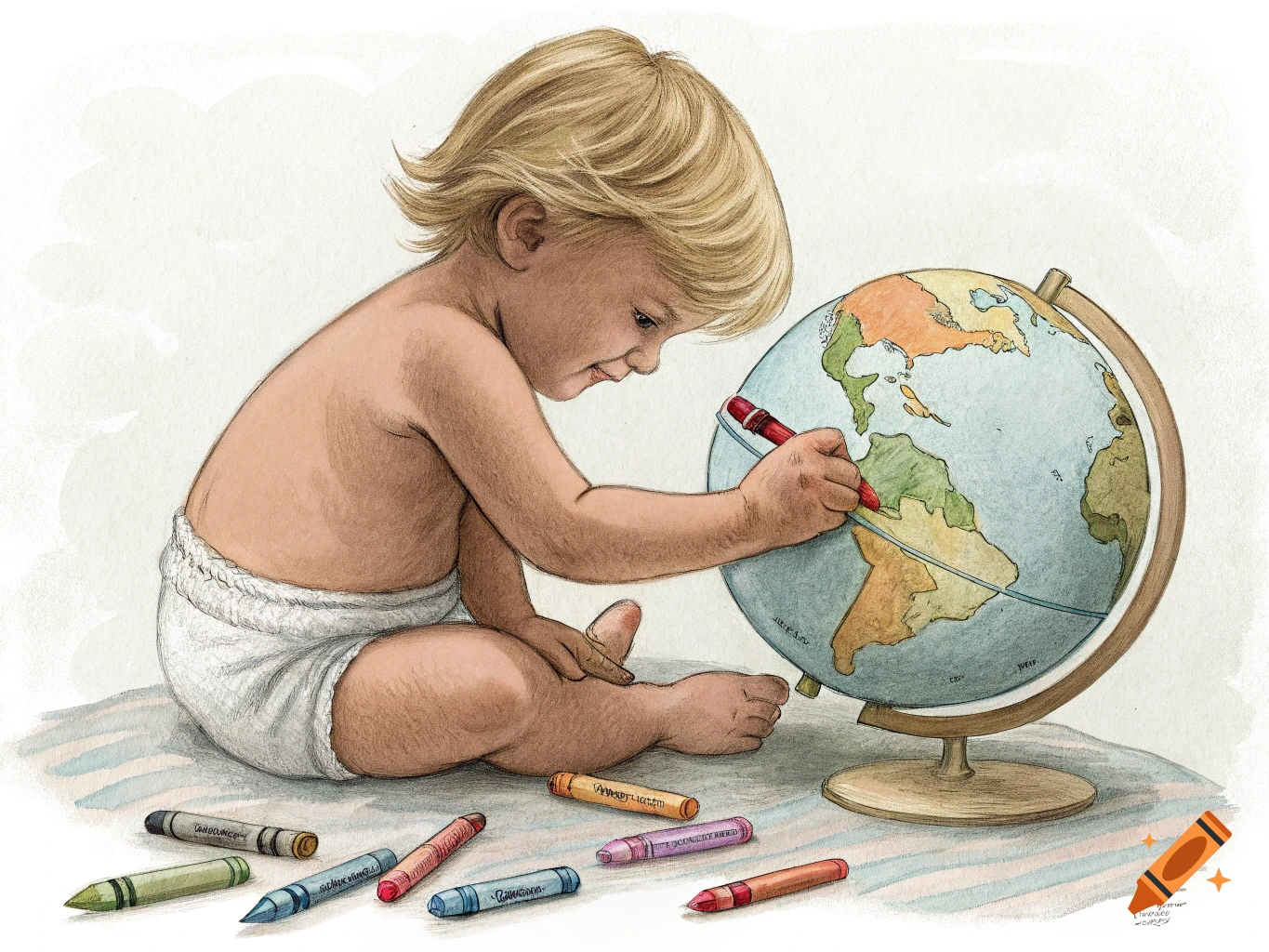 Watercolor illustration of a toddler in a diaper coloring on a globe with a red crayon, surrounded by crayons.