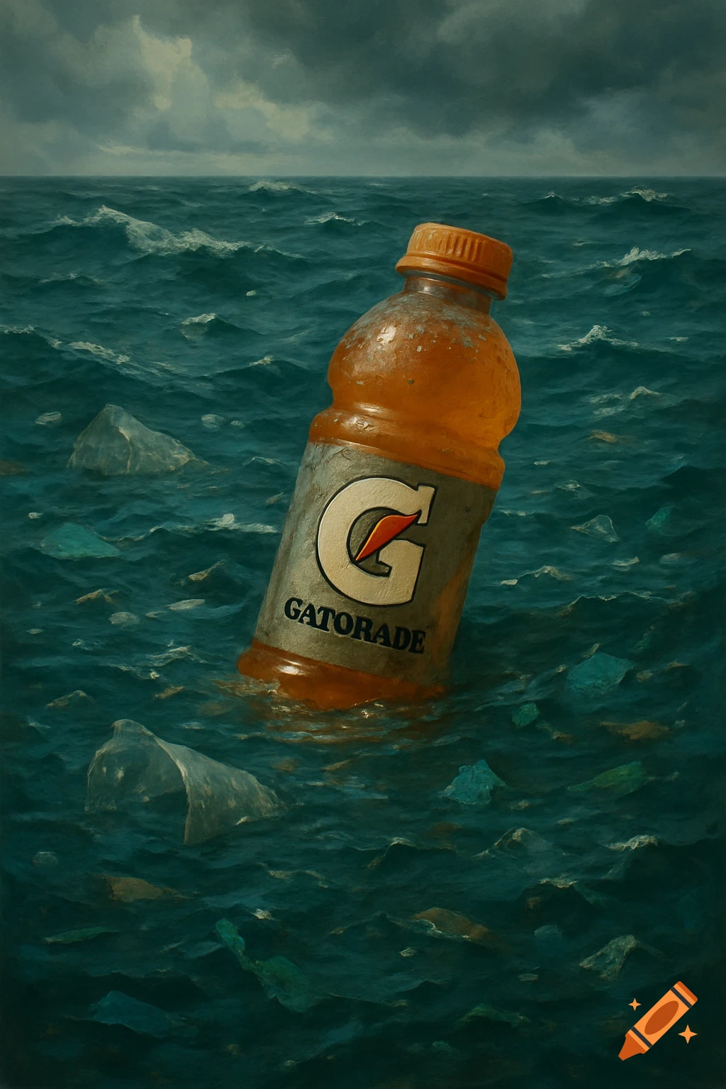 A painterly image of an orange Gatorade bottle floating in a polluted ocean with debris.