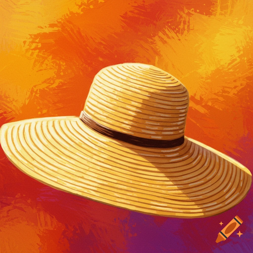 A wide-brimmed straw hat on a painted red and orange background.