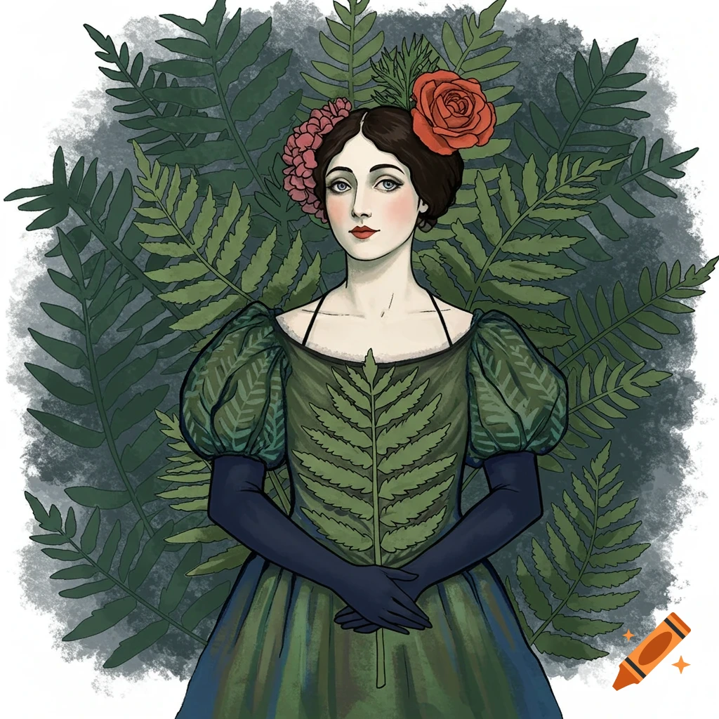 Illustrative portrait of a woman in a green dress with a fern pattern, surrounded by ferns, with red and pink flowers in her hair.