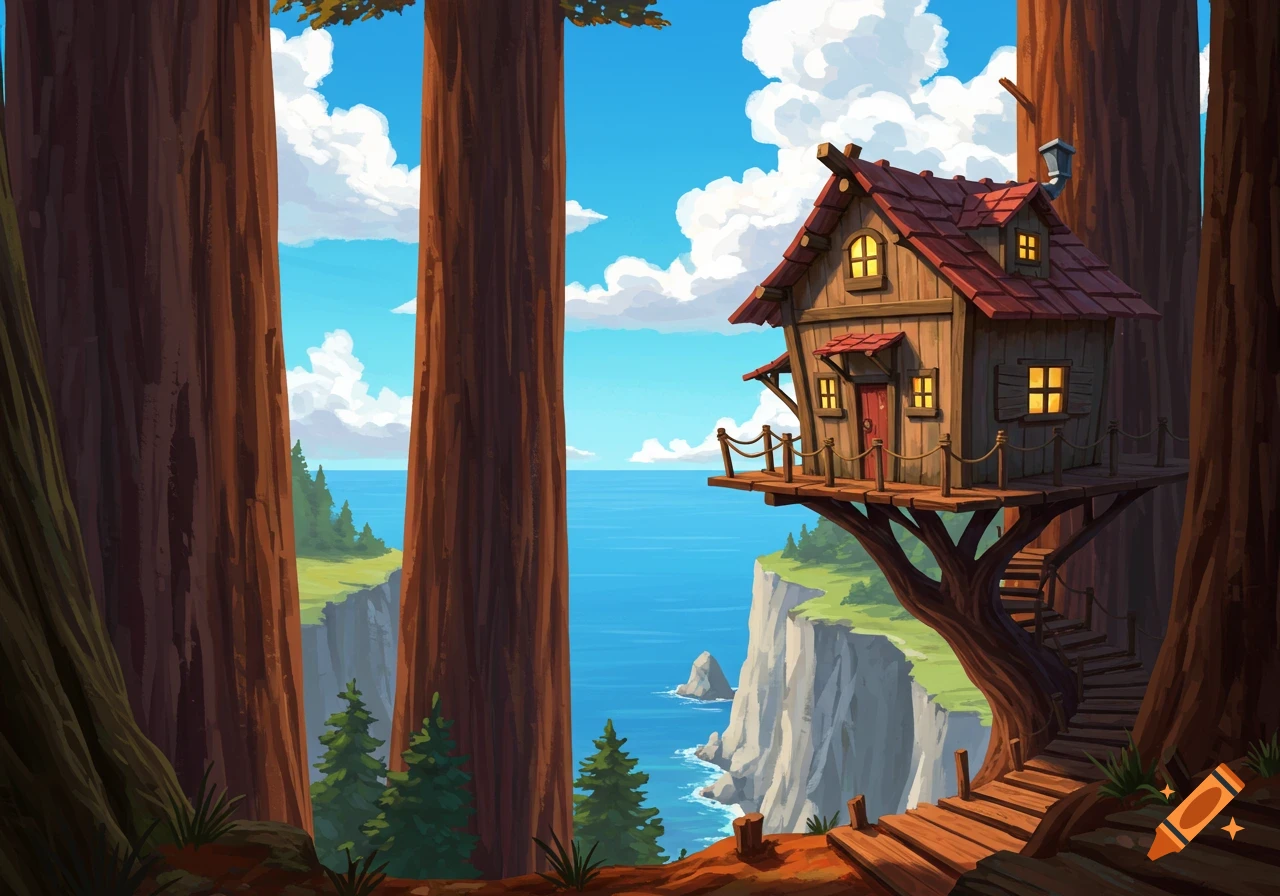 Cartoon treehouse built on a large redwood tree overlooking a cliff and the ocean