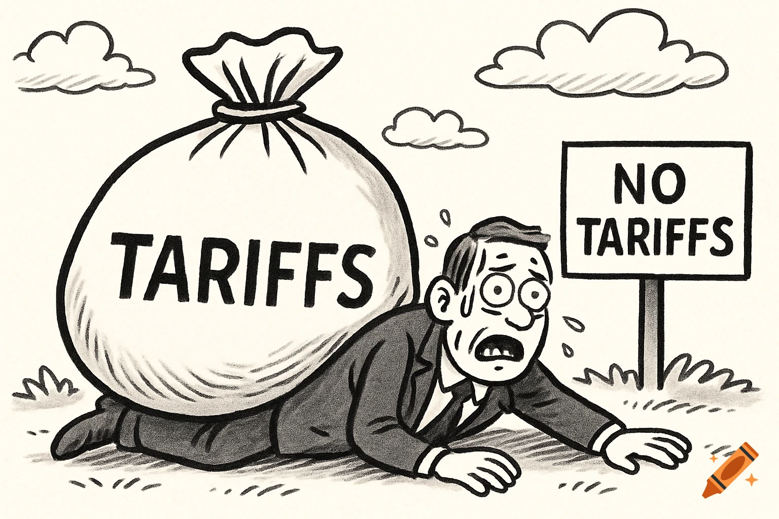 Black and white political cartoon of a man crushed by a large bag labeled 'TARIFFS', reaching towards a sign that says 'NO TARIFFS'.