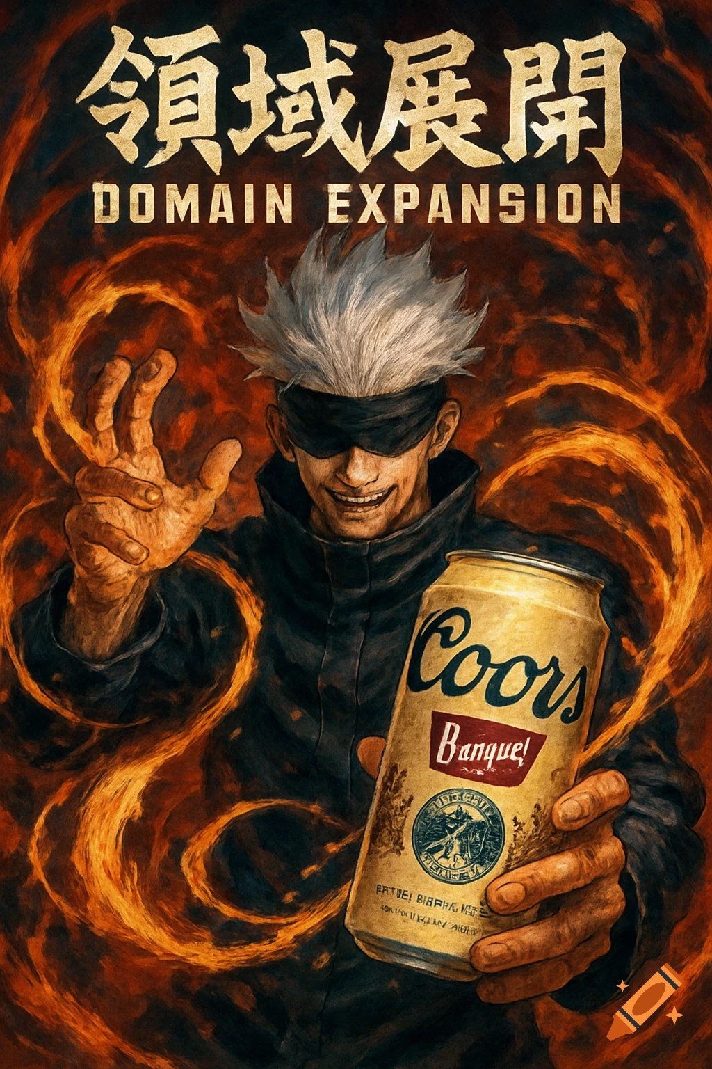 Blindfolded anime character holds a Coors Banquet beer can, surrounded by fiery energy.