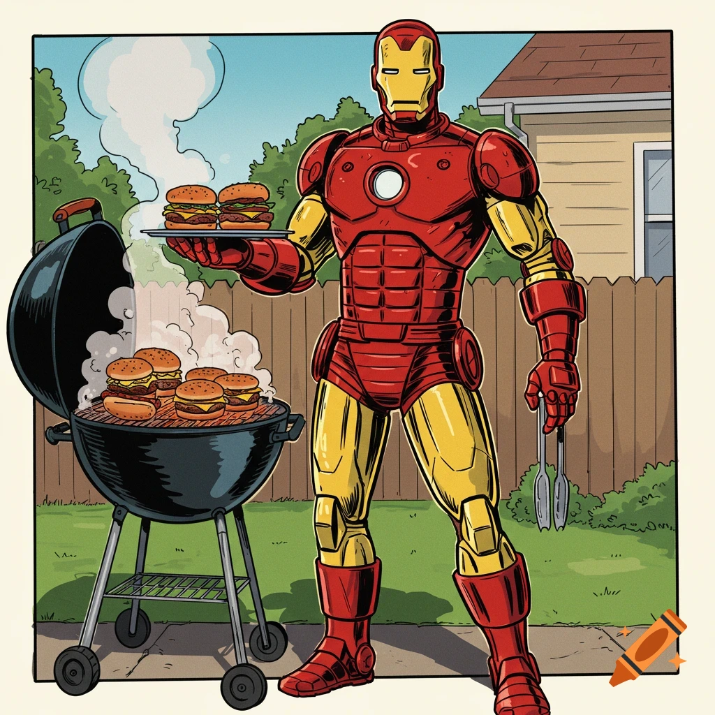 Iron Man grilling burgers in a backyard in comic book style.