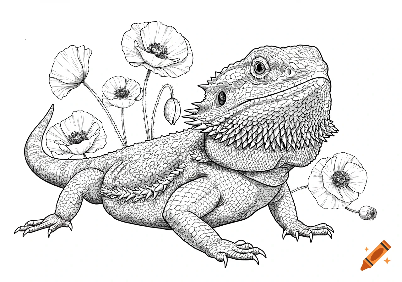 Outline drawing of a bearded dragon with poppy flowers.