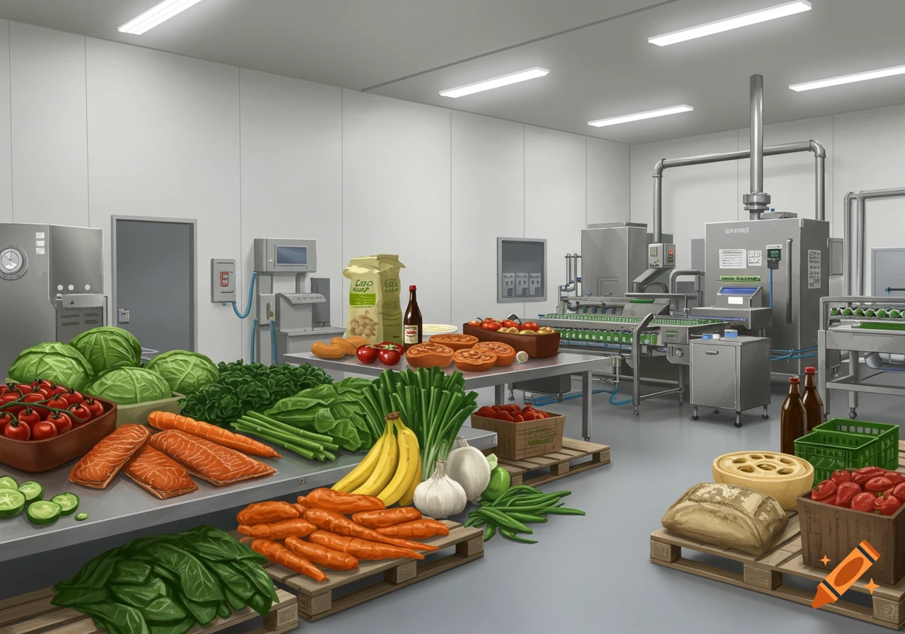 A clean, modern factory floor with tables piled high with fresh food products like vegetables, salmon, and bread, with production machinery in the background.
