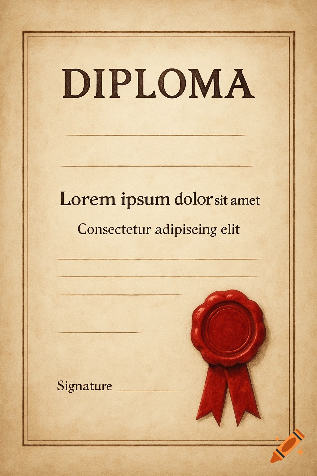 An antique-style diploma document with placeholder text and a red wax seal.