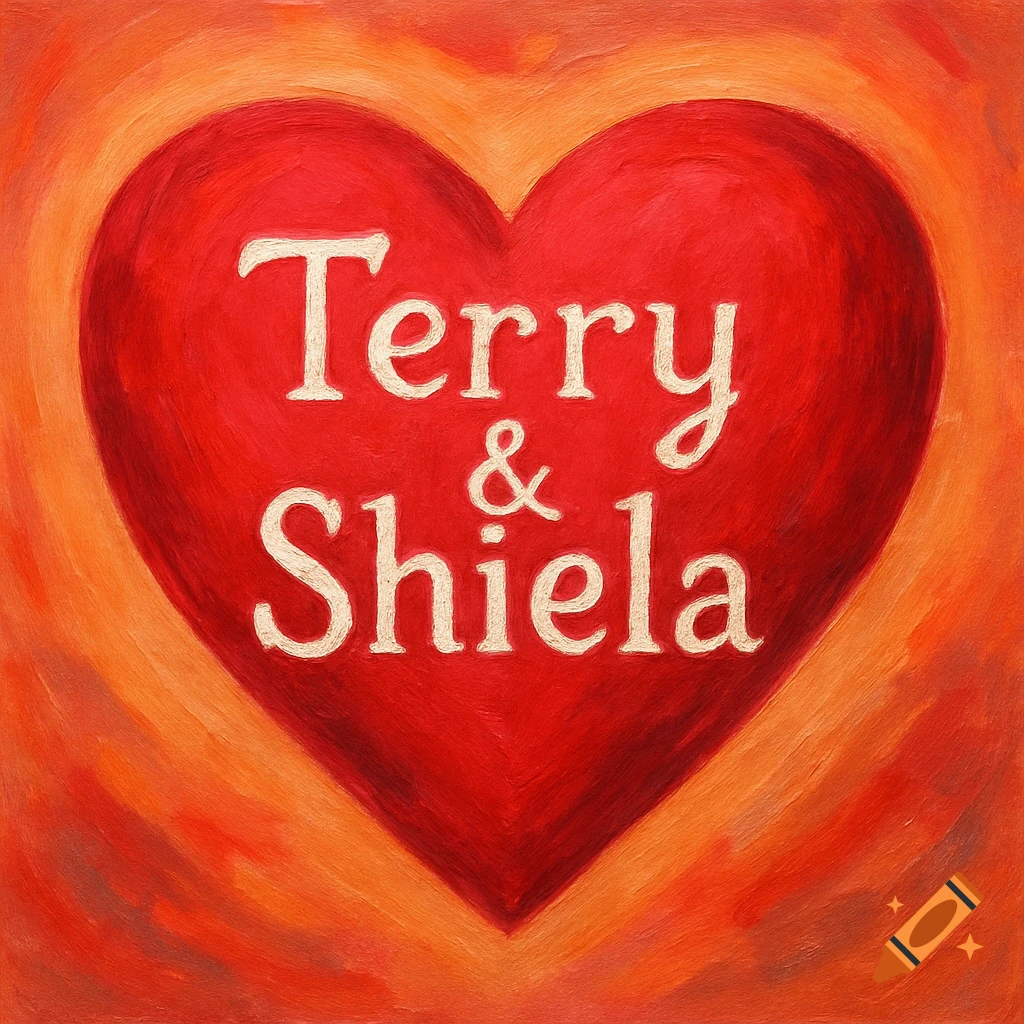 Painted red heart with 'Terry & Shiela' on it, surrounded by orange.