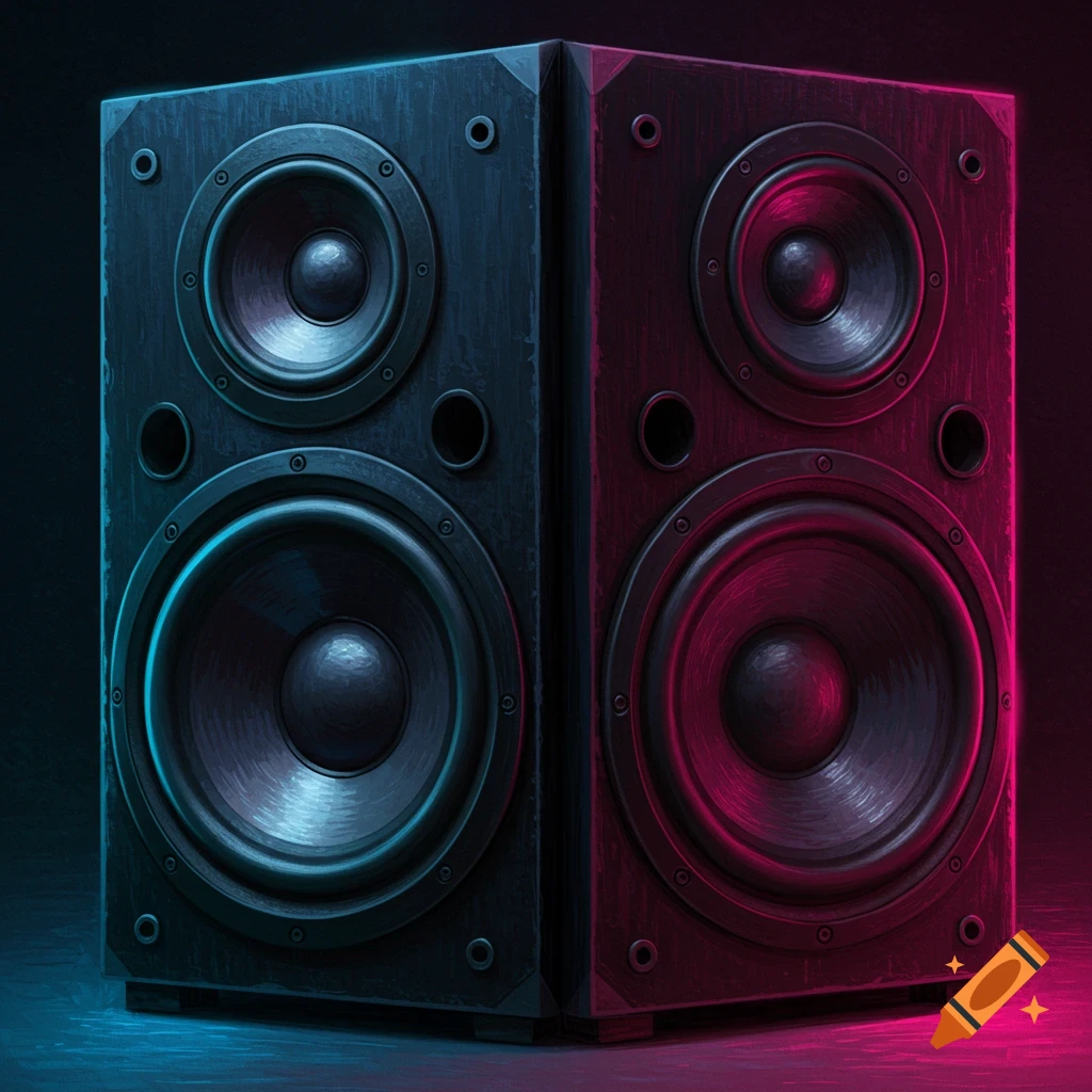 Two black speakers illuminated with blue and pink neon light.