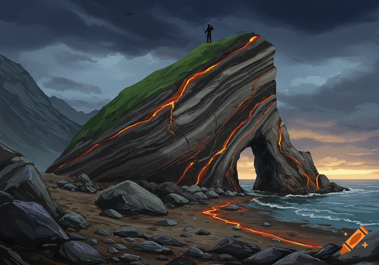 Illustration of a rocky coastal landscape with a cliff formation flowing with lava under a dark sky.