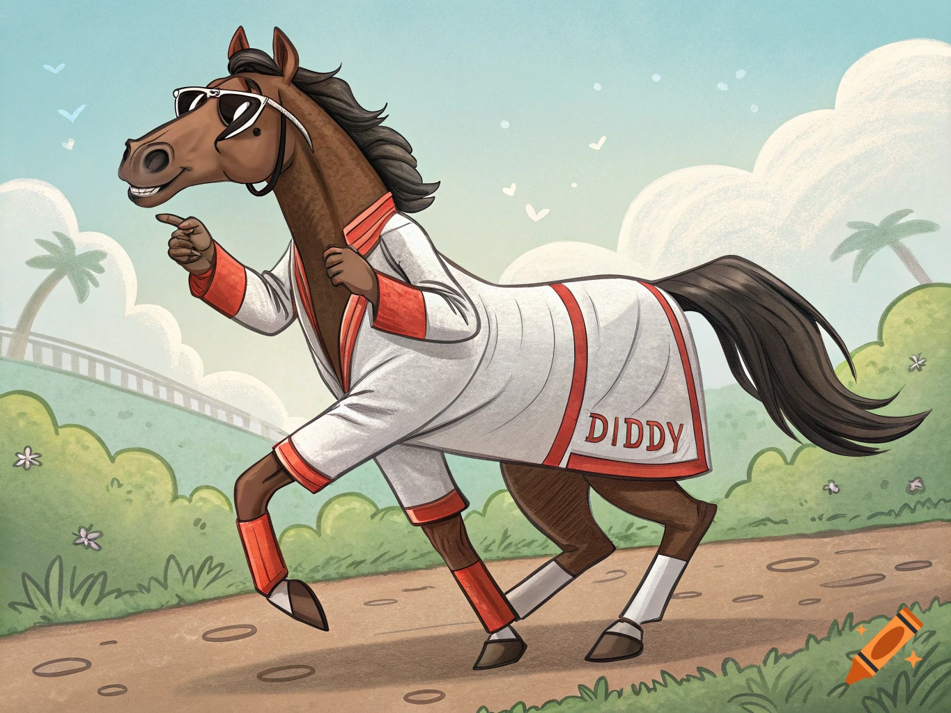 A cartoon horse wearing sunglasses and a white blanket with 'DIDDY' written on it stands in a park.