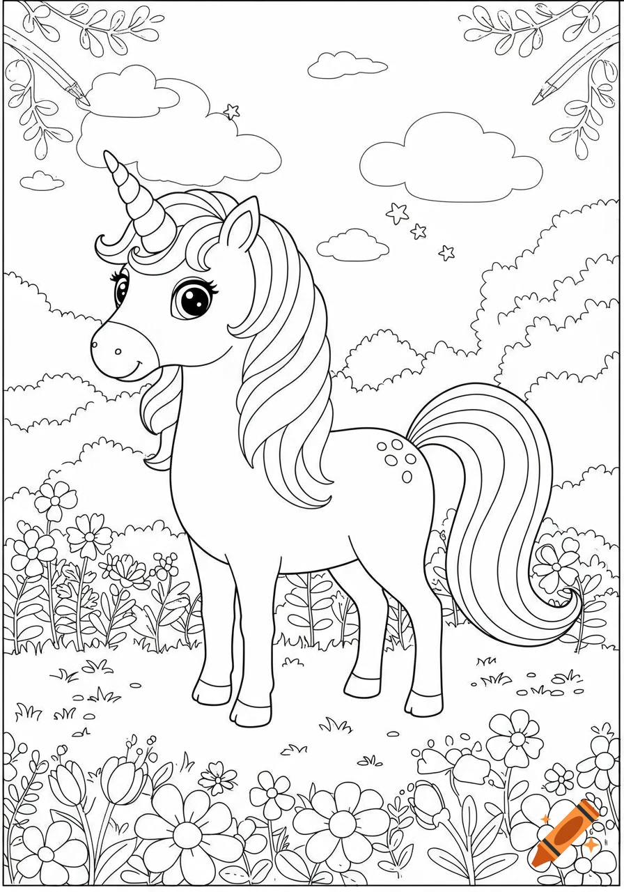 A cute unicorn stands in a field of flowers in a line drawing coloring page style.