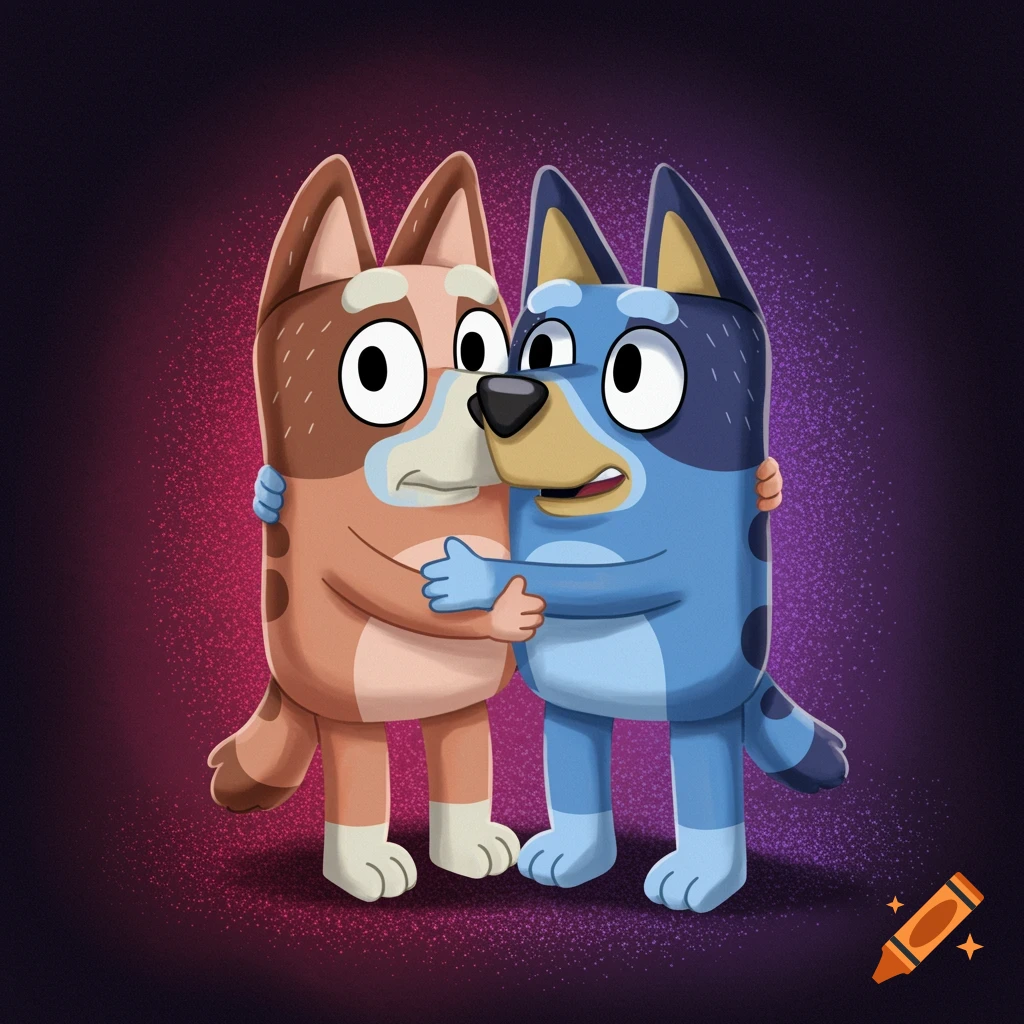 Cartoon dogs resembling Bluey and Bingo hugging against a dark background with pink and purple lights.