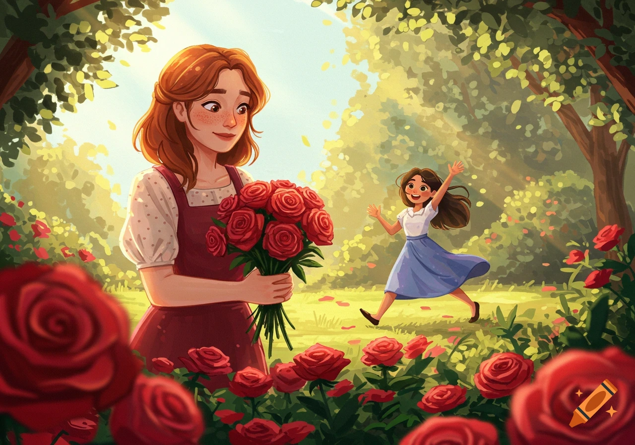 Illustration of a girl holding roses while another girl runs happily through a sunny garden.