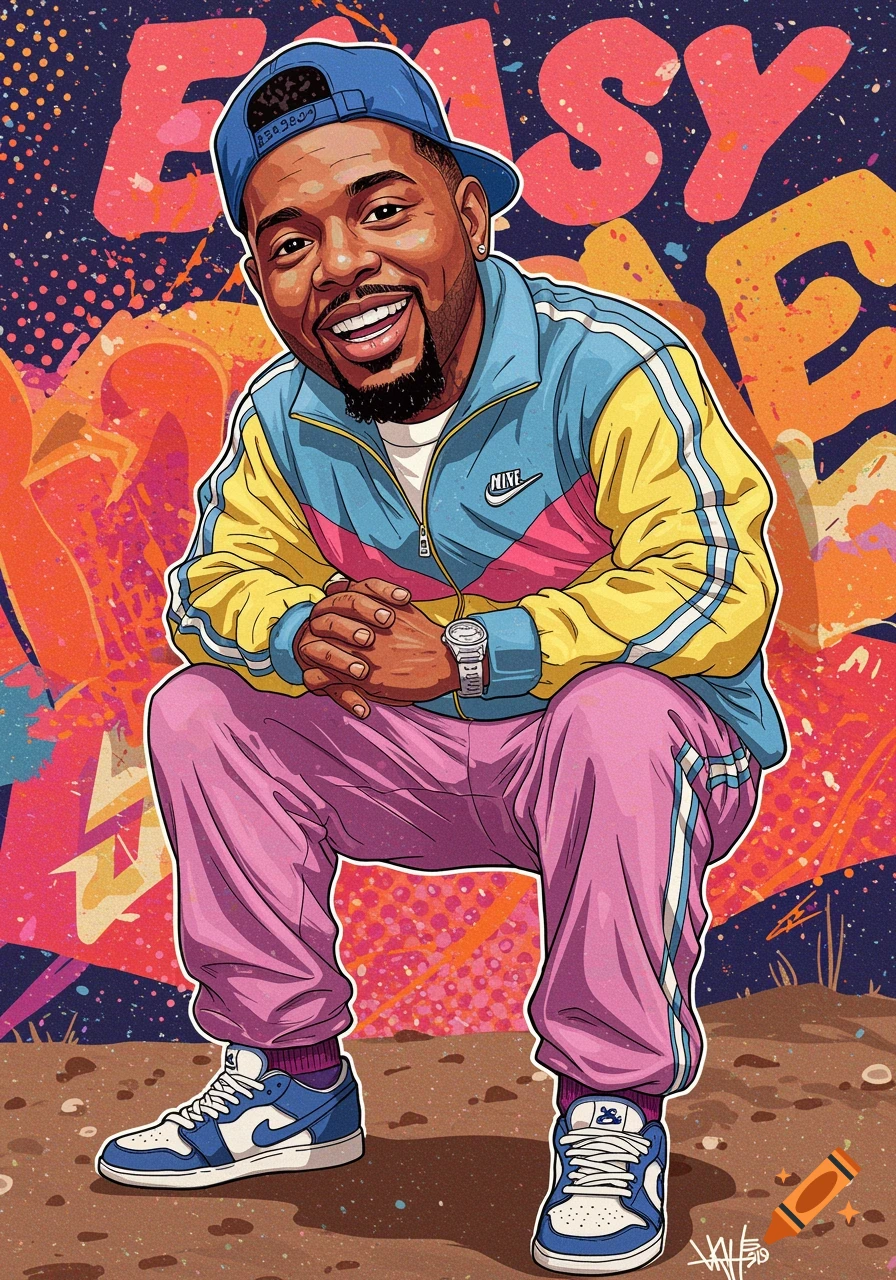 Graphic illustration of a man crouching in a colorful tracksuit and cap in front of graffiti background spelling 'EASY'.