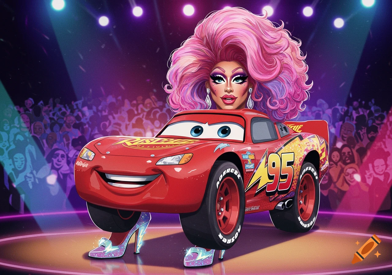Lightning McQueen depicted as a drag queen with a pink wig, makeup, and high heels, on a stage in front of a crowd.