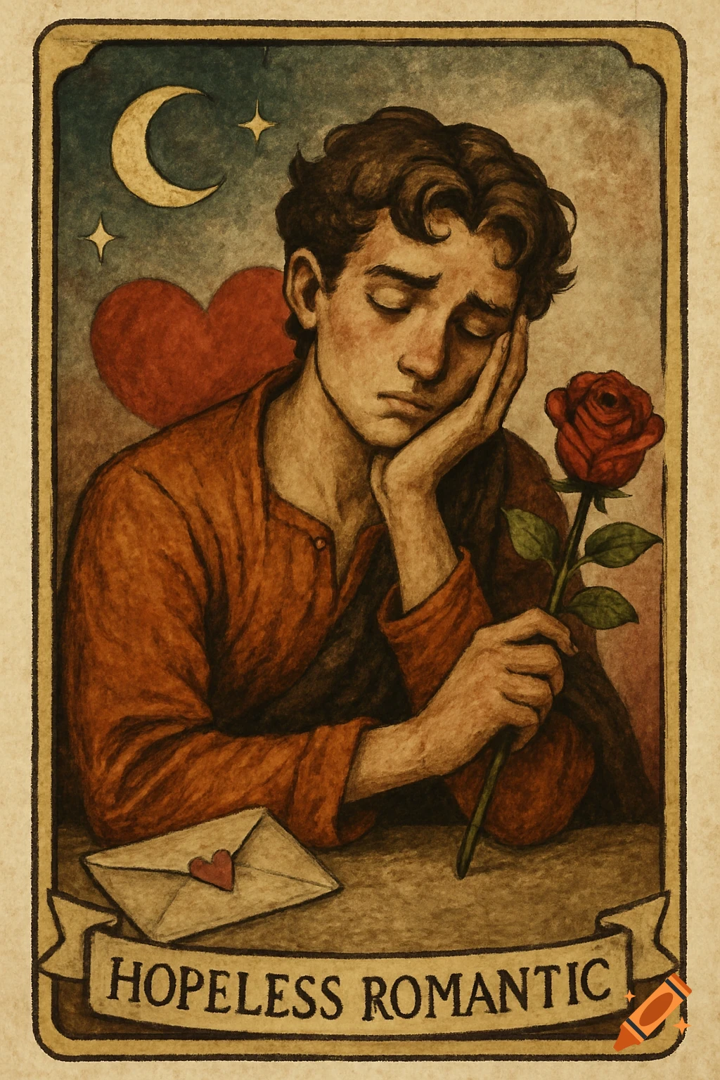 Illustration in tarot card style of a melancholic young man holding a red rose, with a heart and crescent moon, text reads "HOPELESS ROMANTIC".