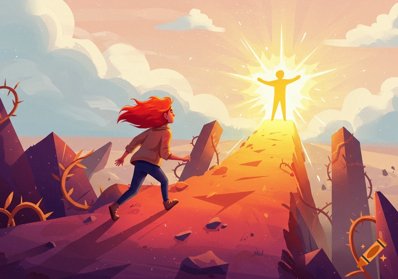 Illustration of a person with red hair running up a sunlit path towards a radiant figure, past thorny obstacles.