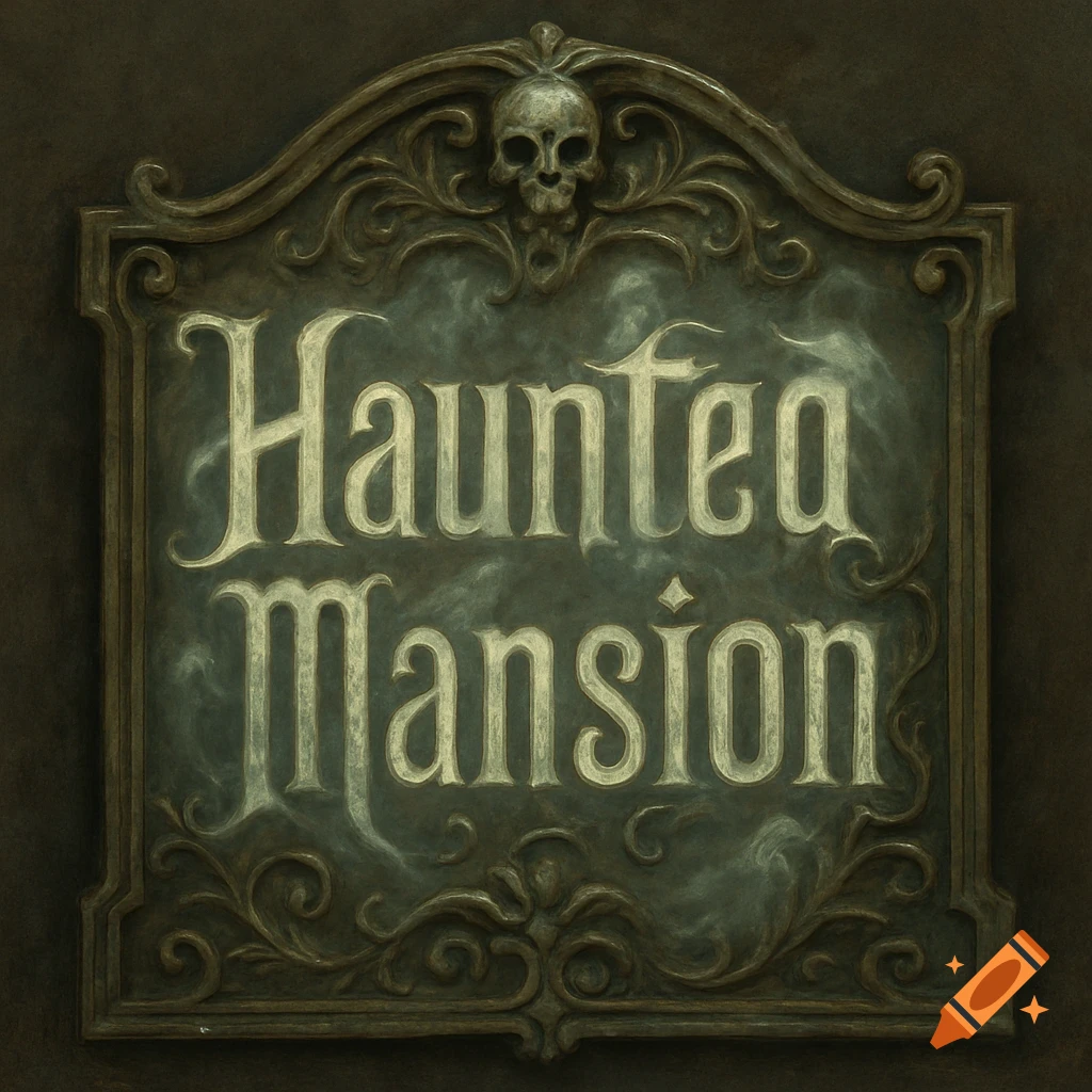 An ornate gothic sign with a skull and scrollwork reads 'Haunted Mansion'.