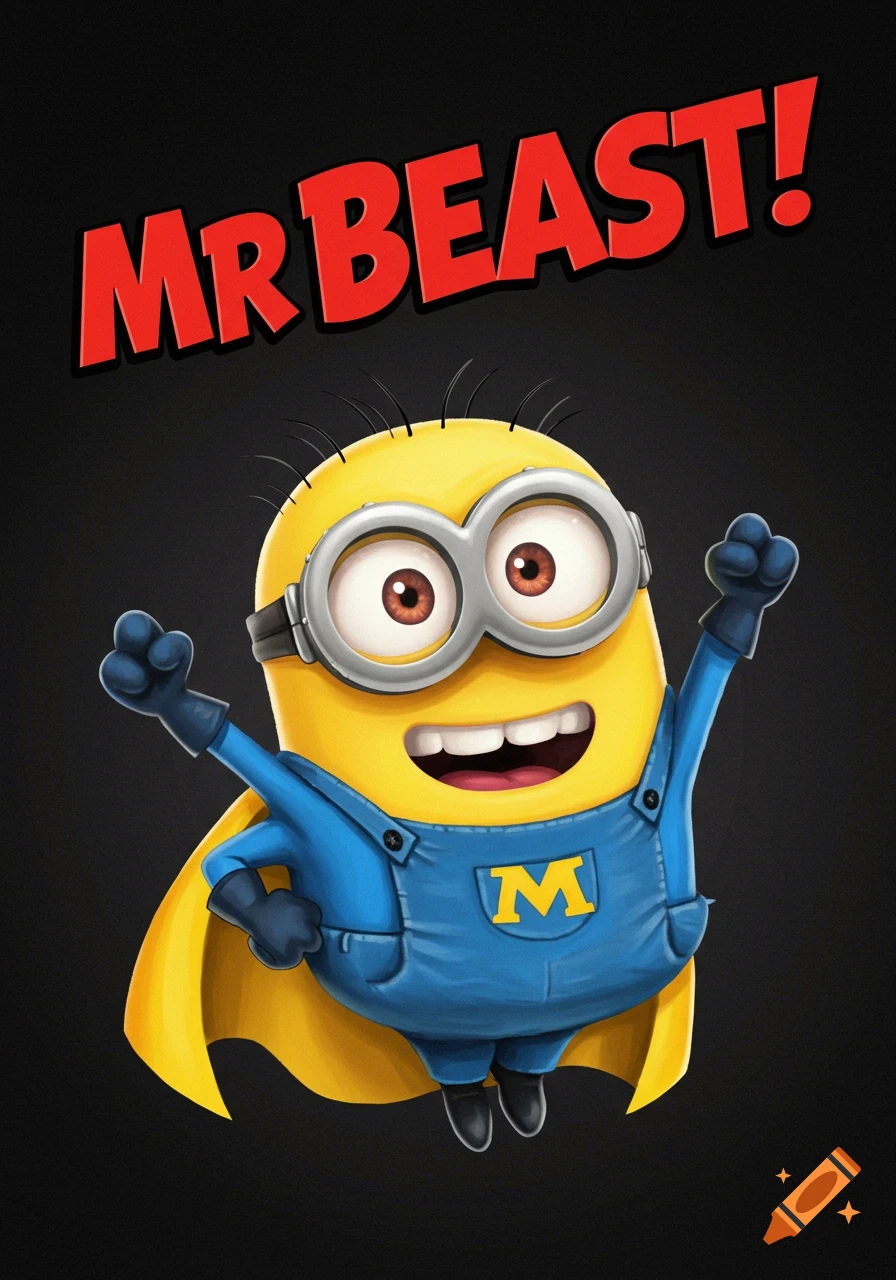 A superhero Minion wearing a yellow cape and blue overalls with an 'M' logo, smiling with arms raised, with 'MR BEAST!' text above on a black background.