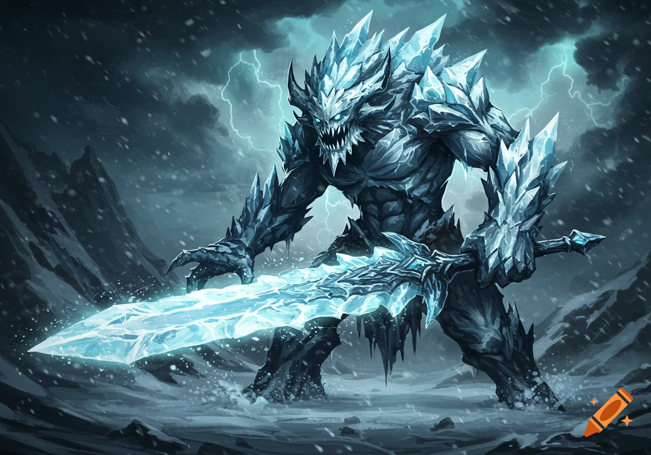 A frost monster holding a large ice sword in a blizzard.