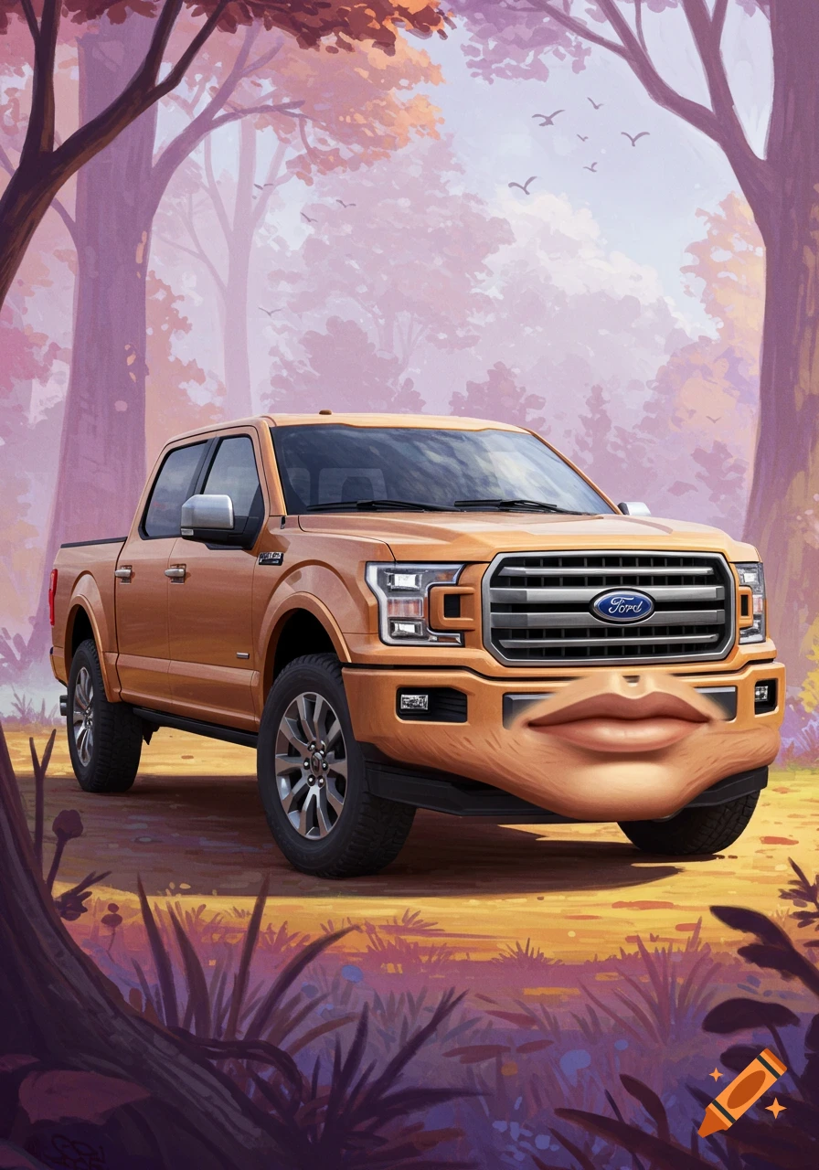 A Ford F-150 truck with human lips on the bumper, in a forest