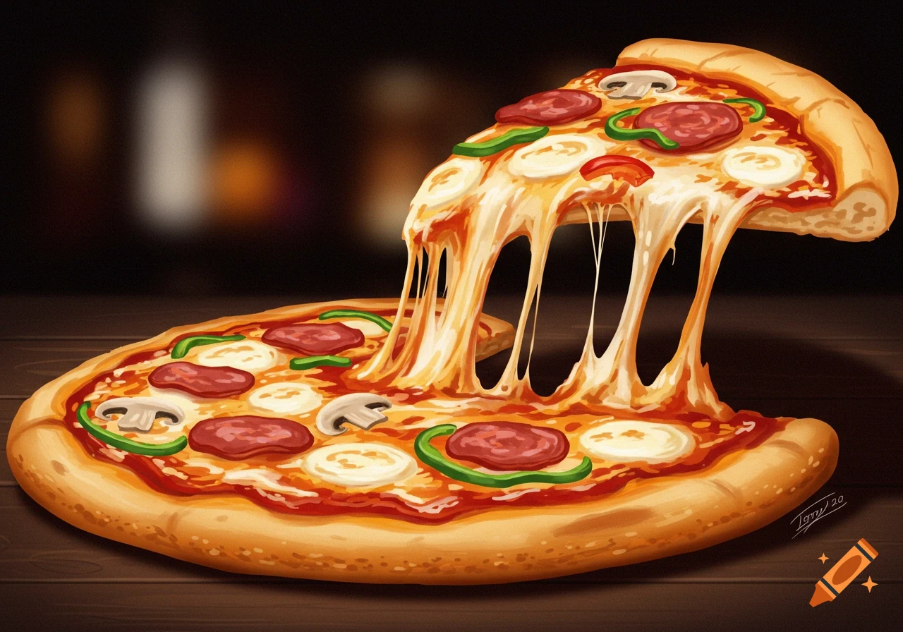 An illustration of a slice of pizza being lifted, with long strings of melted cheese.