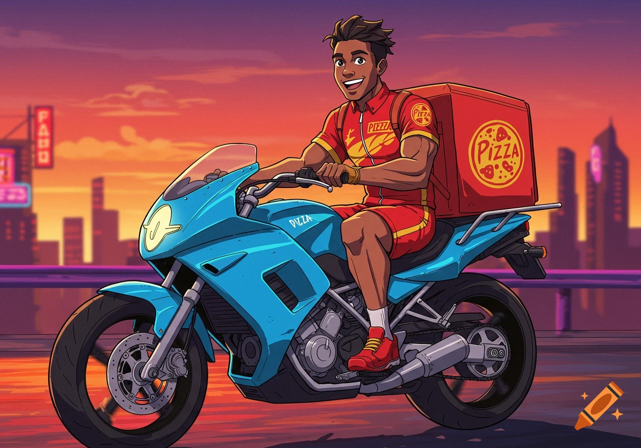 Stylized man on a blue motorcycle with a pizza box riding through a city at sunset.