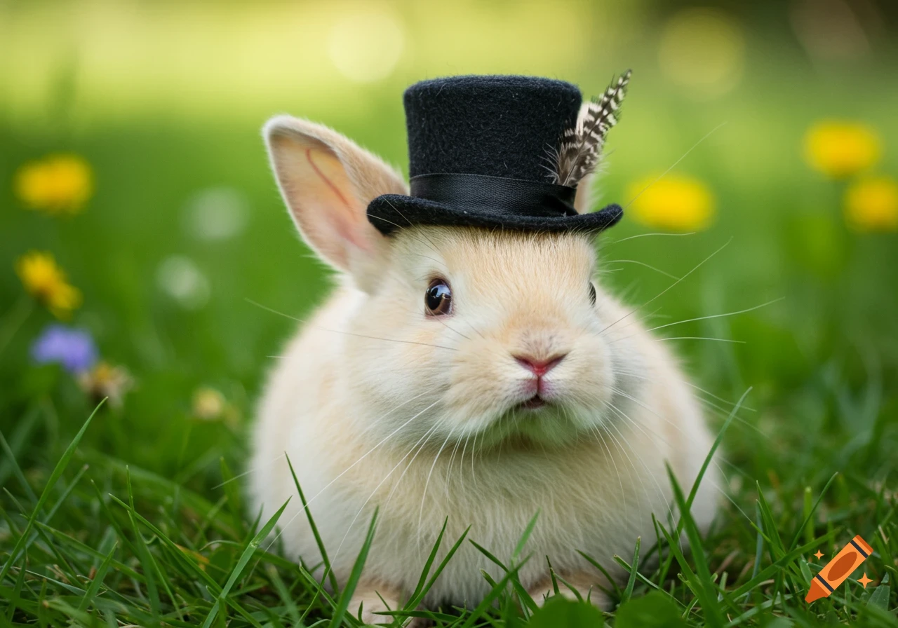 A cute rabbit wearing a black top hat with a feather sits in the grass.