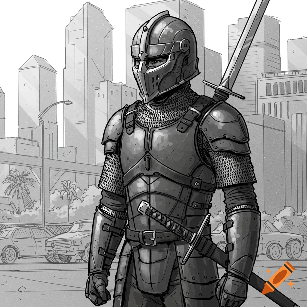 Black and white illustration of a knight in full armor standing on a street in a modern city.