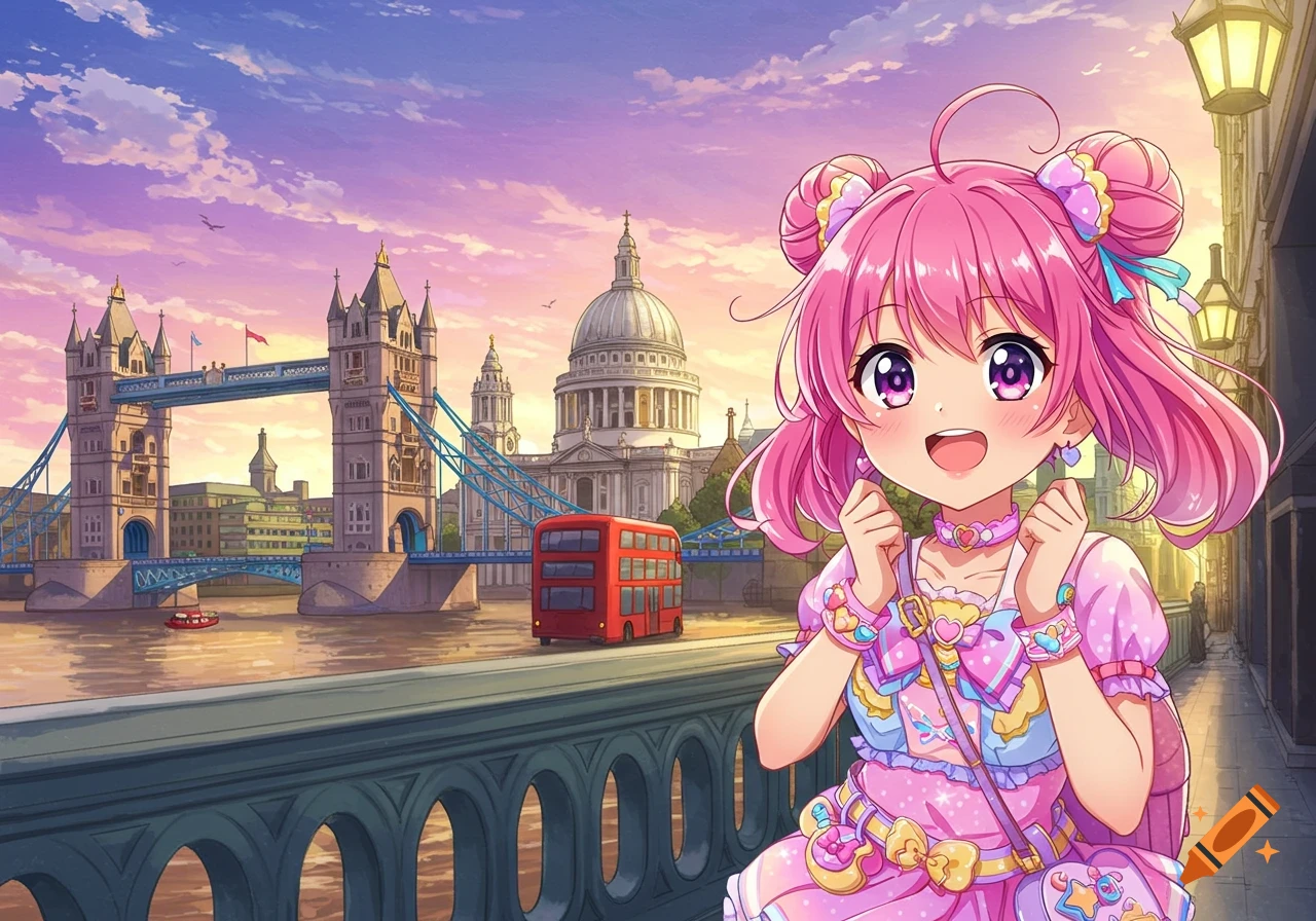 Cute anime girl smiling in front of Tower Bridge and St. Paul's Cathedral in London