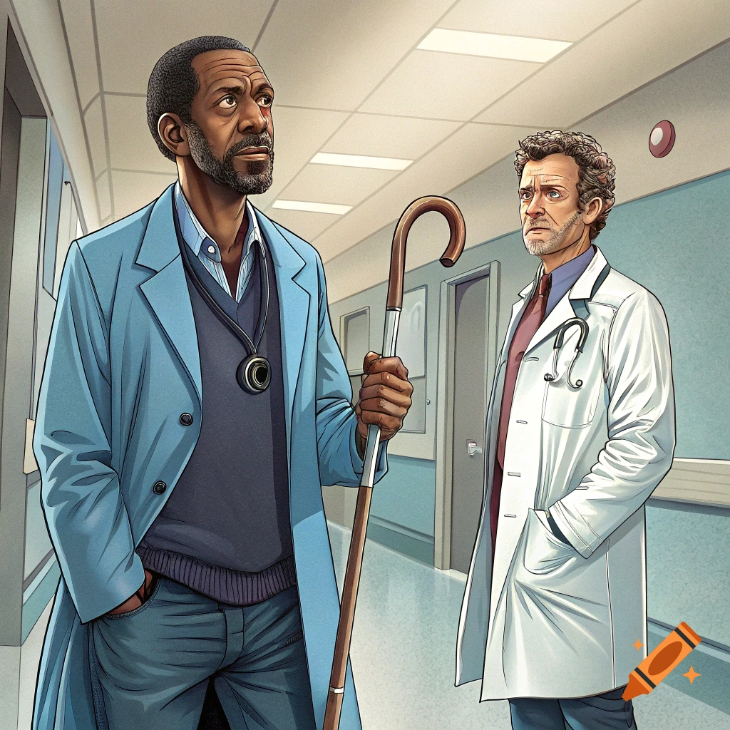 Illustration of two doctors standing in a hospital hallway, one holding a cane.