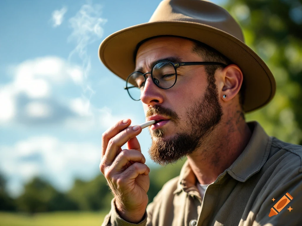 Close-up portrait of a man in a hat and glasses smoking a cigarette ...