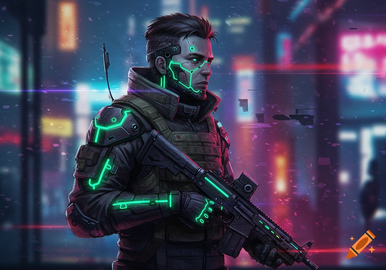 A cyberpunk soldier in a futuristic city
