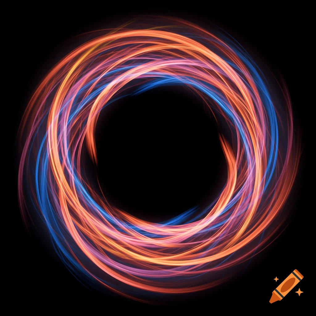 Swirling abstract light trails in orange, red, pink, and blue forming a circle on a black background.
