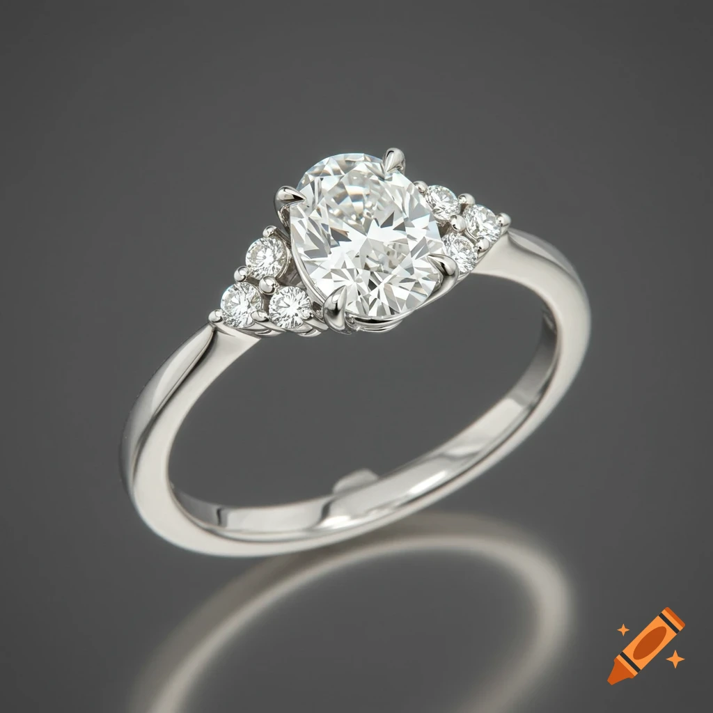 White gold ring with an oval diamond and side diamonds on a dark background.