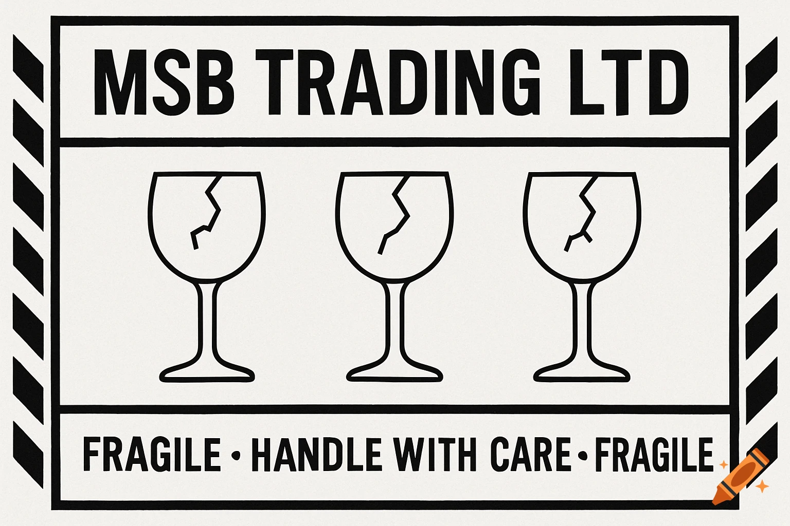 Black and white shipping label with 'MSB TRADING LTD', three broken glasses icon, and 'FRAGILE • HANDLE WITH CARE • FRAGILE'