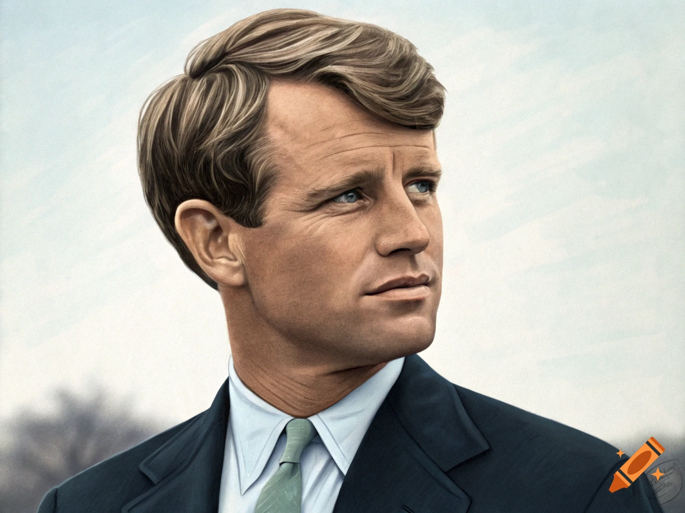 A portrait of Robert F. Kennedy in a suit, looking to the right.