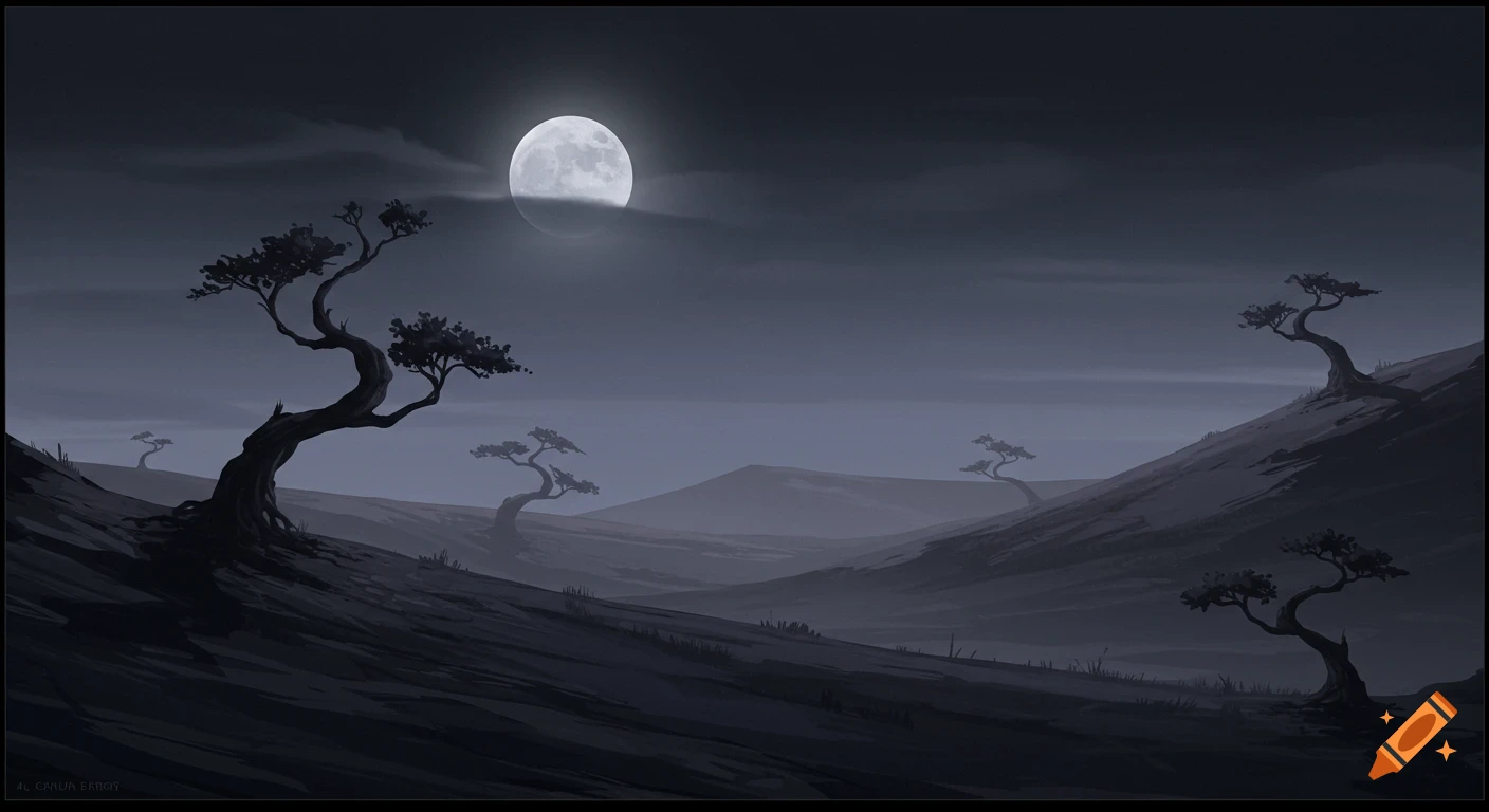 Stylized dark landscape at night with twisted trees and a large full moon.