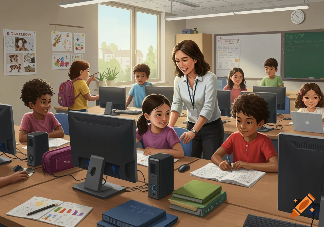 Digital illustration of a teacher helping elementary students work at computers in a classroom.