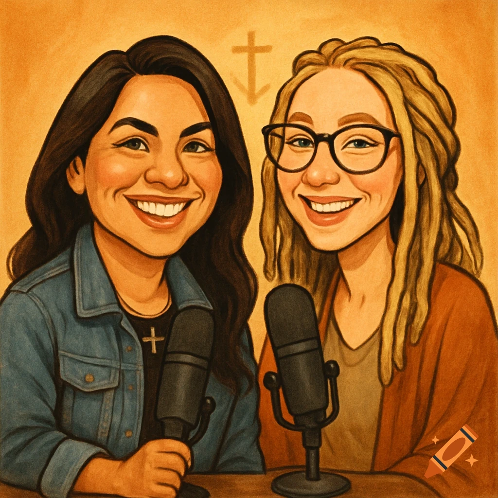 Caricature illustration of two smiling women hosting a podcast with microphones and a subtle cross symbol.