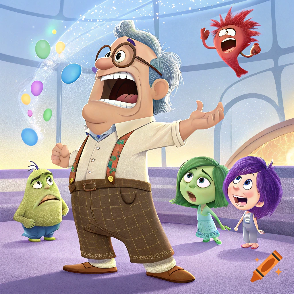 Cartoon man yelling dramatically while juggling colorful spheres, with Inside Out emotions watching.