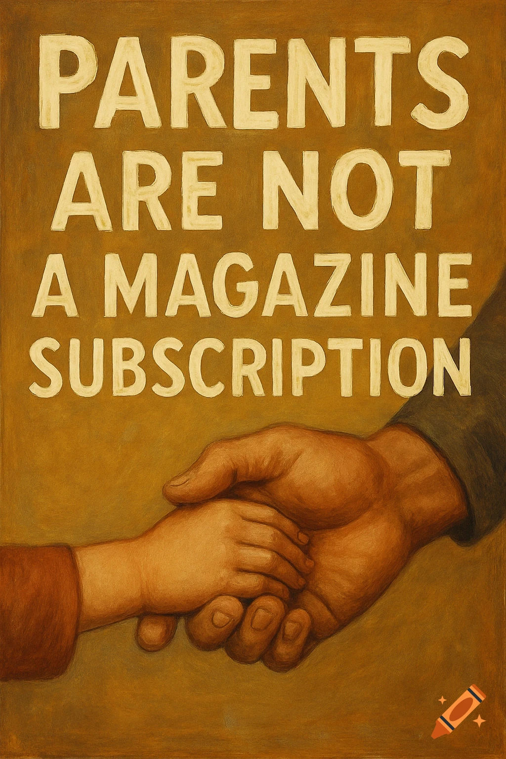 Poster with text 'Parents Are Not A Magazine Subscription' and two hands shaking