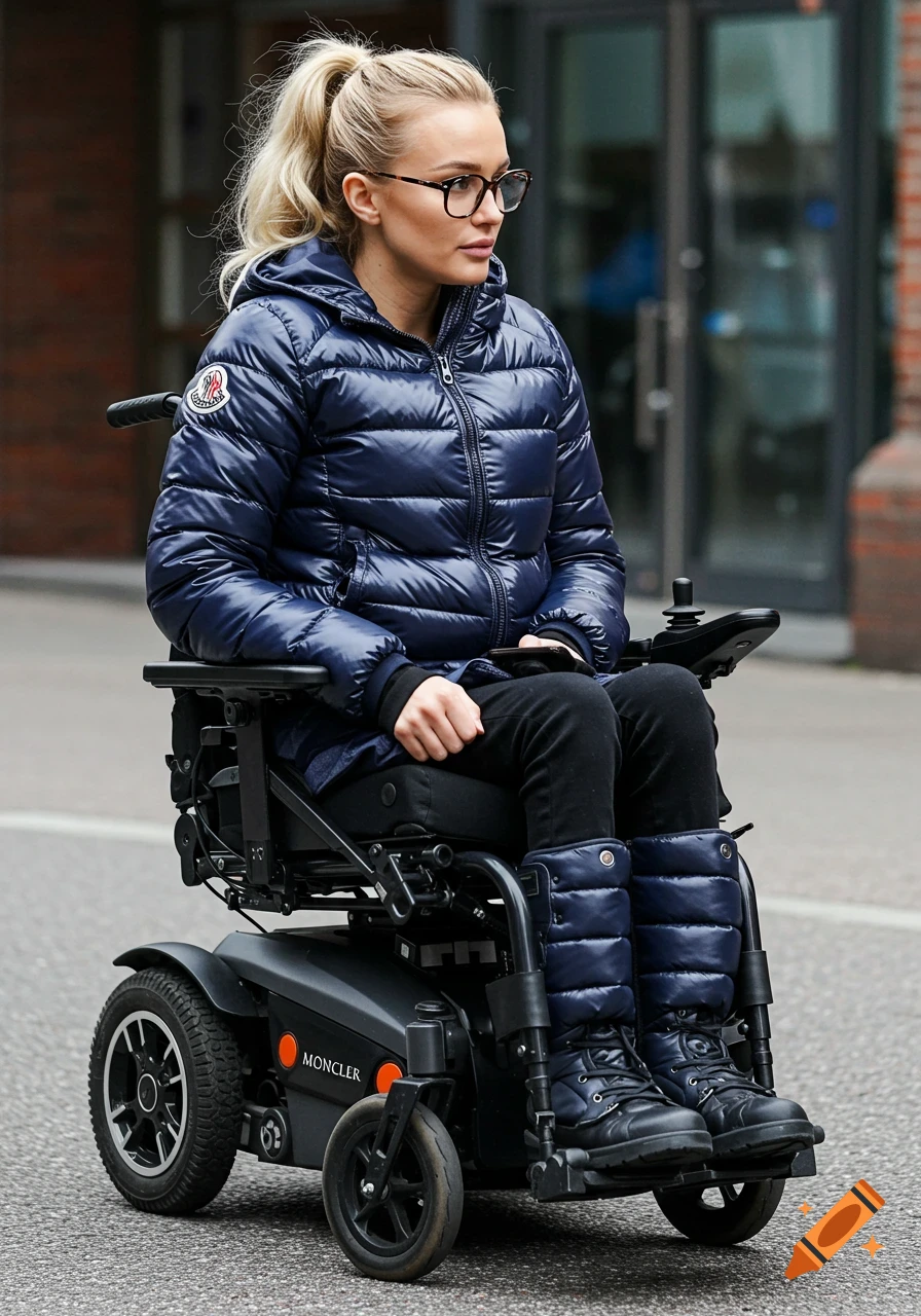 Woman in navy puffer jacket and boots sits in electric wheelchair