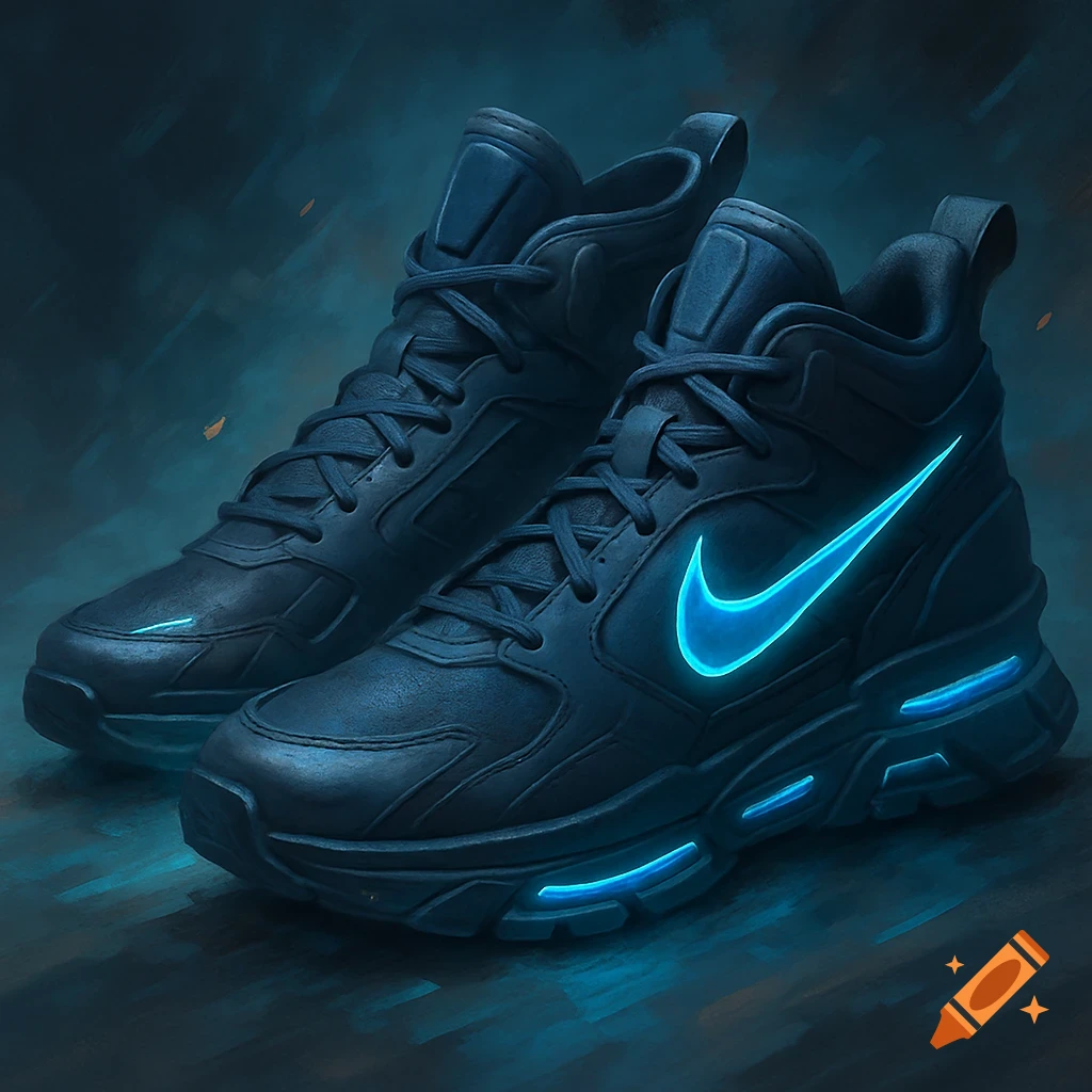Dark futuristic sneakers with glowing blue accents.
