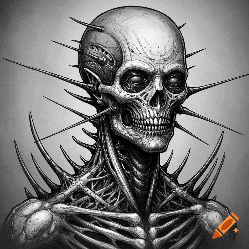 Black and white sketch of a biomechanical skeletal figure covered in spikes, H.R. Giger style.