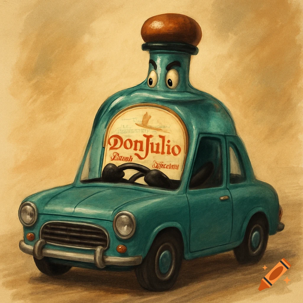 Cartoon bottle of Don Julio tequila driving a small teal car.