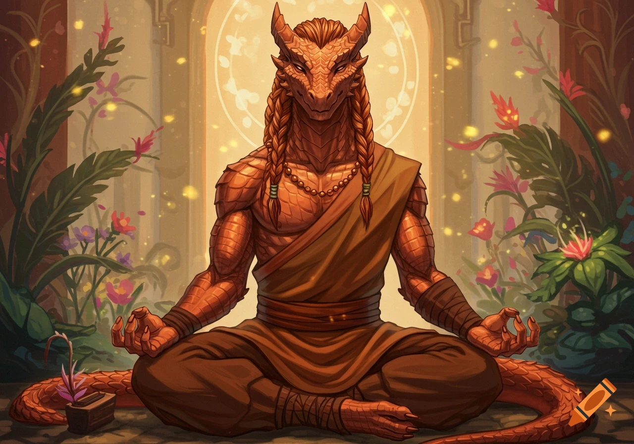 A copper scaled dragonborn monk meditates in a serene temple.