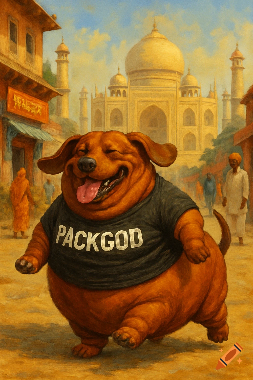 A fat dachshund wearing a PACKGOD shirt walks in a street in India with the Taj Mahal in the background, painted style.